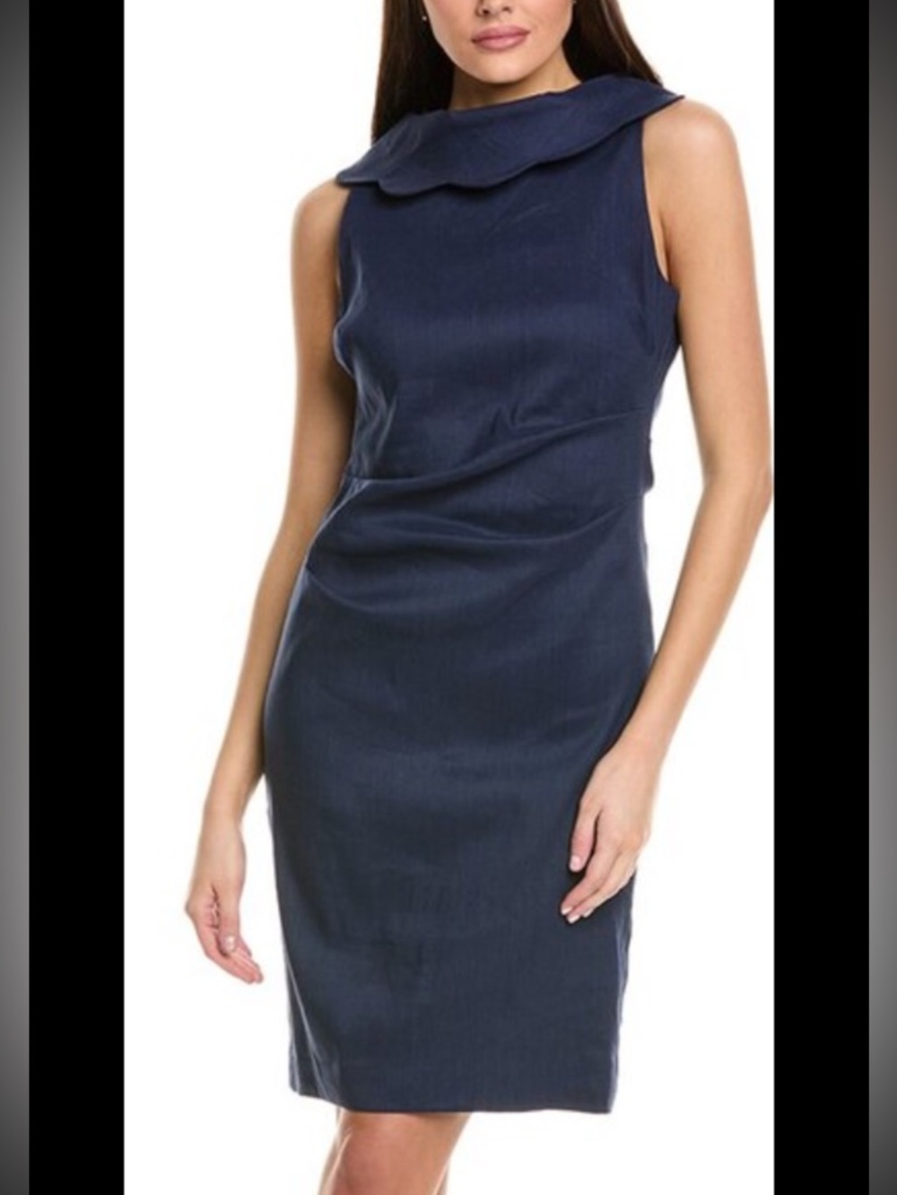 Sara Campbell Linen Blend Navy Sleeveless Midi Dress with Folded Collar